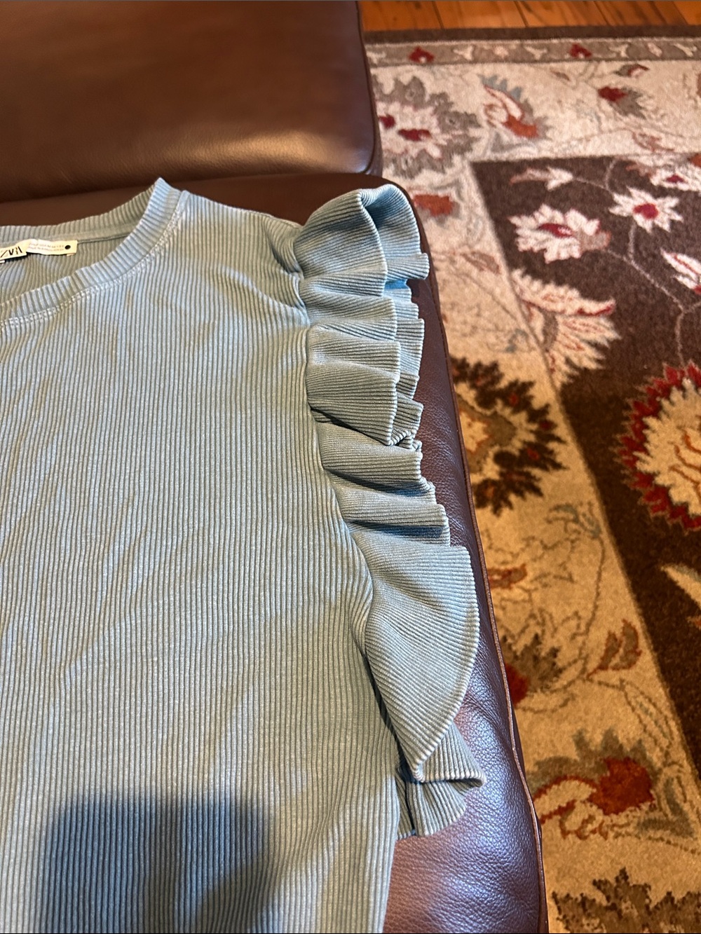 Zara Light Blue Ribbed Ruffle Sleeve Tee - Picture 4 of 6